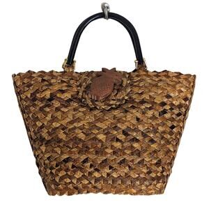 Vtg Natural Wicker Straw Woven Handbag Tote Pineapple Double Wooden Handle
